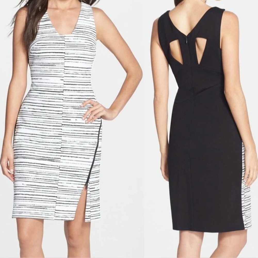 Julia Jordan Dress Size 14 Black White Stripe Knit Sheath Cut Out Back Zipper